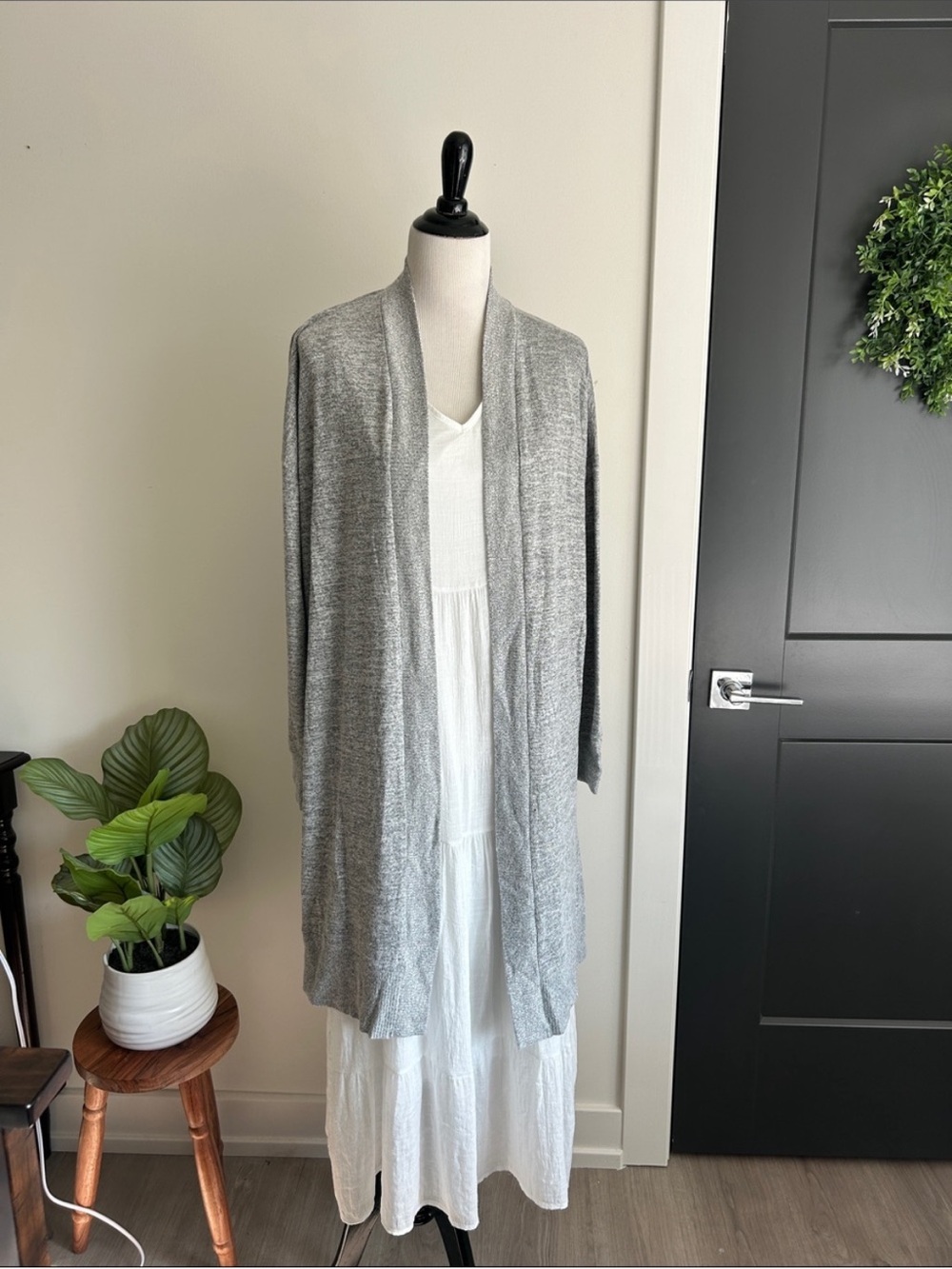 Joan Vass L Light Gray Open-Front light and flowy Cardigan Sweater